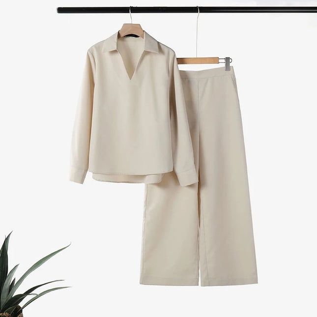 Women's Retro Matching Set 2025 Spring Ol Style Design Long Sleeve Shirt Solid Color Pants 2 Piece Set