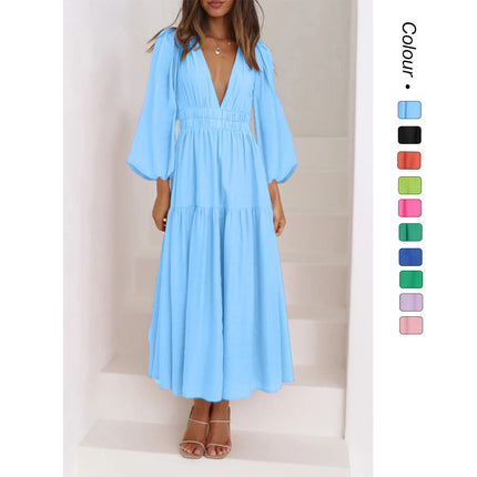 European and American Export 25-Year-Old Autumn and Winter V-Neck Waist Slimming Look Pleated Long-Sleeved Small Fresh Dress for Women 23051