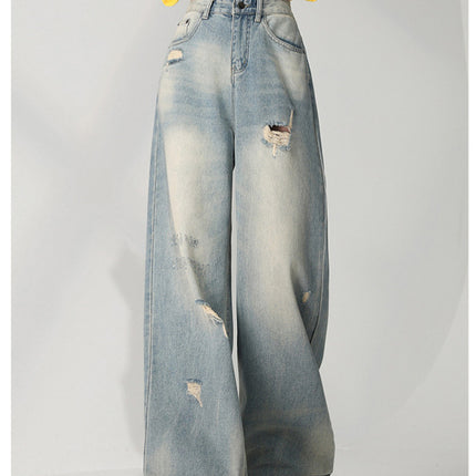 American Niche Retro Distressed Washed Ripped Jeans for Women, Loose High-Waisted Slimming Wide-Leg Floor-Length Pants