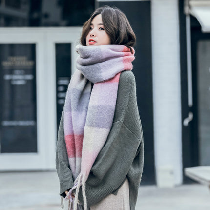 Autumn and winter European and American color matching AC cashmere thick tassel scarf rainbow plaid mohair warm female student plus