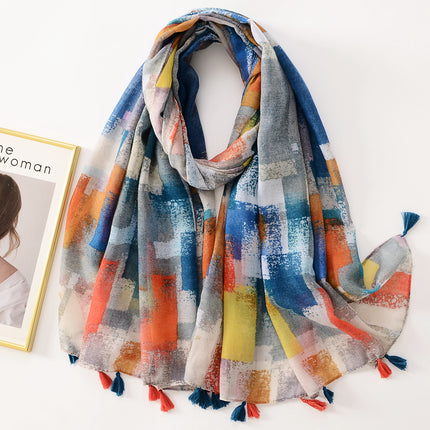 Spring and summer new color mosaic printing long tassel decorative cotton and linen hand scarf travel sunscreen beach towel