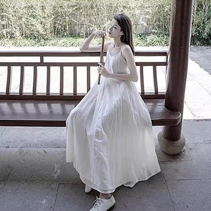 25 Summer Self-Made Long Cotton Dress with Large Hem and Double-Layered Leaf-Patterned Splicing, Two-Color Pure Cotton Strap Dress