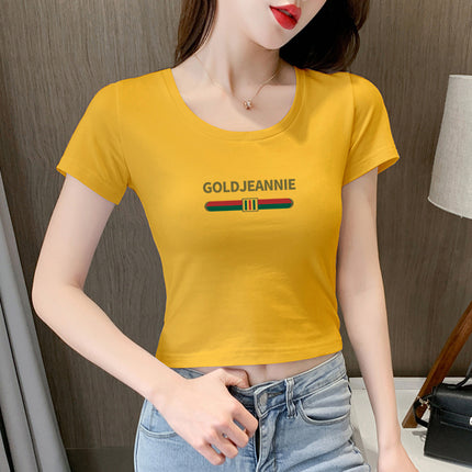 White T-Shirt Women's Short-Sleeved Round Neck Exposed Navel High-Waisted Short Summer Tight-Fitting Crop Top 2025 New T-Shirt