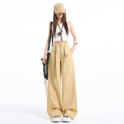 Spring and Autumn Retro High-Waist Belt Design Wide-Leg Pants for Women New Loose Slimming Versatile Drapey Floor-Length Jeans for Women
