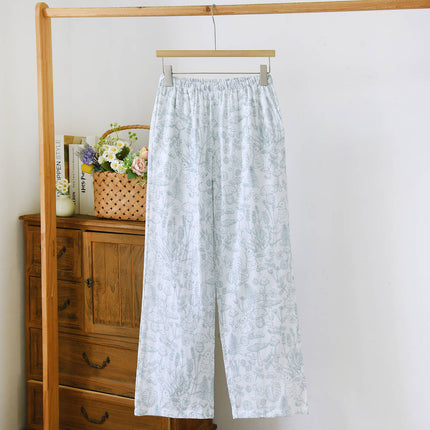 Japanese-Style Simple Cotton Gauze Pajama Pants Spring and Summer Full Cotton Printed Casual Loose Plus-Size Women's Long Home Pants