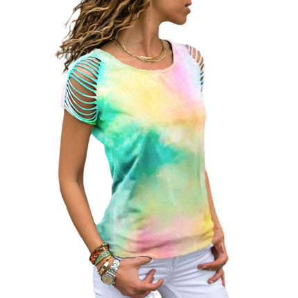European and American cross-border 2023 Summer Amazon WISH foreign trade new women's tie-dyed ripped burnt flower off-shoulder short sleeve t-shirt