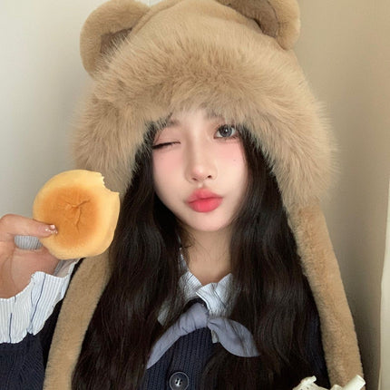 Autumn and Winter Hats for Women, Cute Plush Scarf, Thickened Integrated Neck Warmer, Plush Hat for Cycling, Warm Ear Protection Hat