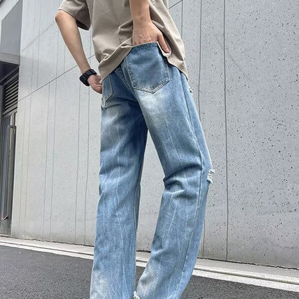 Raw Edge Ripped Lightning Pattern Bootcut Jeans Men's Straight Loose Wide Leg Teenagers Washed Distressed Floor Mopping Pants
