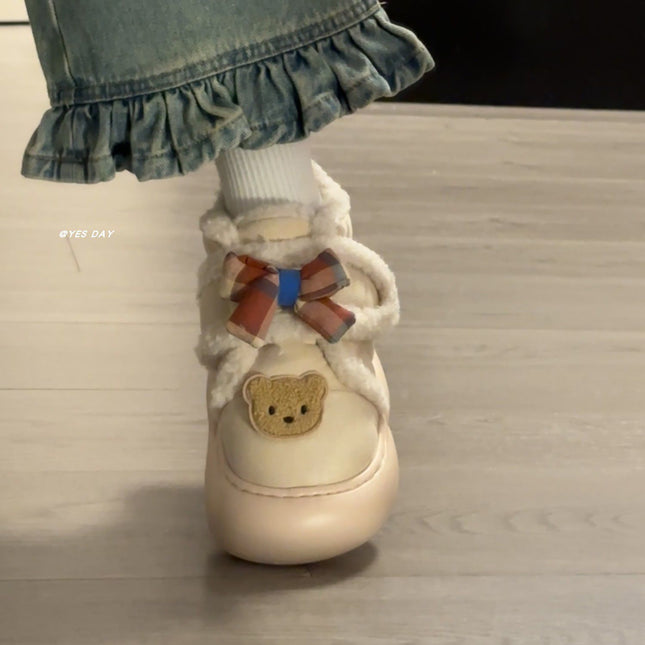Cute Bear Plush Warm Cotton Shoes for Women 2026 Winter New Sweet Bow Thick-Soled Snow Boots with a Stepping-On-Clouds Feel