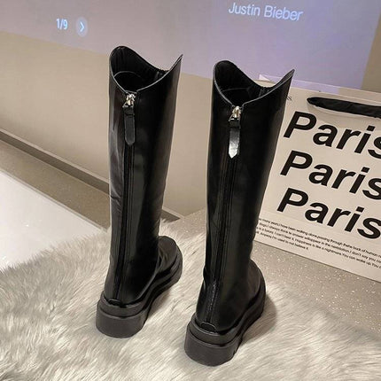 New Autumn and Winter Platform Thick-Soled High Boots for Women, Fleece-Lined, Height-Increasing, Slimming Knight Boots, Large-Toe Zipper Boots