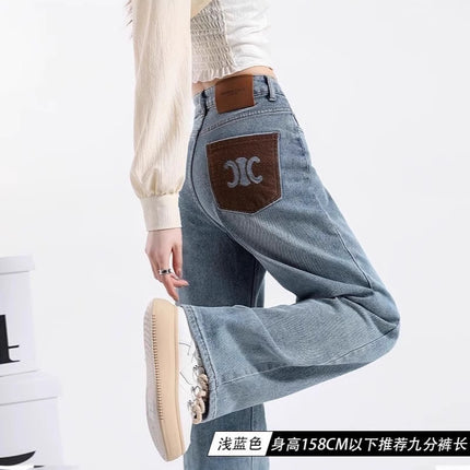 2025 Spring New High-Waisted Straight-Leg Jeans for Women, Slim Fit, Pocket Embroidery, Light-Colored Cigarette Pants