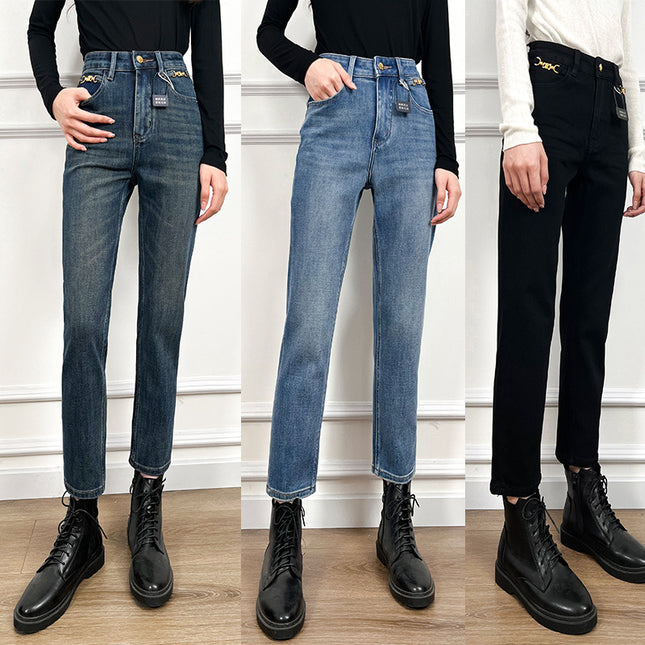 Arc de Triomphe chain design four-sided elastic high-quality jeans super slimming distressed pipe pants women's cropped pants