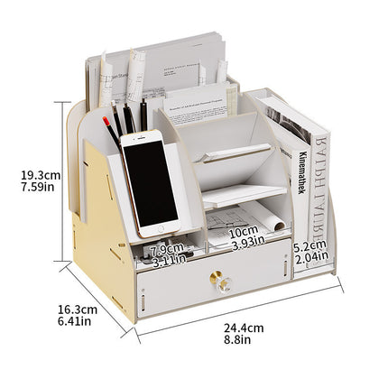 Wooden Office Desk Information Rack Stationery Filing Rack File Rack with Drawer Storage Box Desktop Creative Storage Box