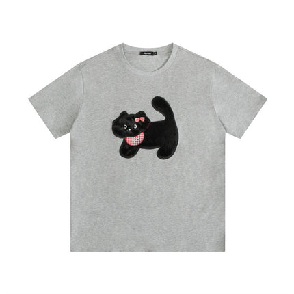 HeyHenry Men's Rabbit Fur Paste Embroidered Cat Loose Crew Neck Short Sleeve T-shirt Women's Fun Couple Top