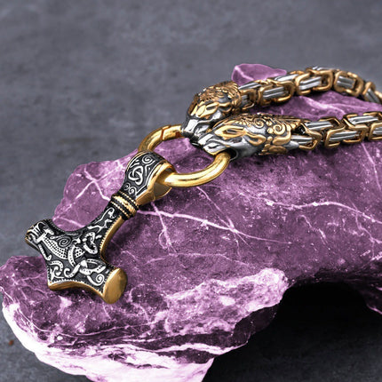 Cross-Border Popular Nordic Rune Hammer Pendant Necklace for Women, Stainless Steel Imperial Chain, Men's Wolf Head Necklace Wholesale