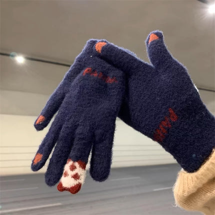 Gloves women's winter fleece-lined thick warm Korean cute riding electric car lovers cold thick five-finger touch screen wholesale