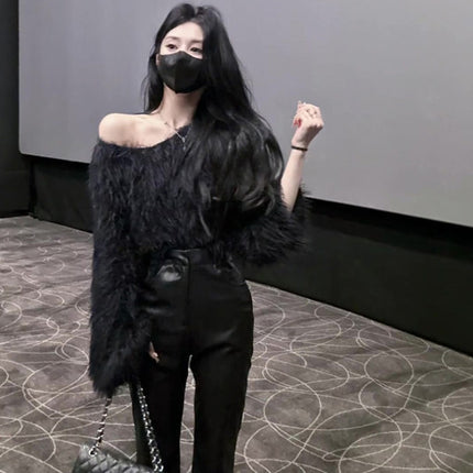 Design Sense Shoulder Imitation Mink Cashmere Sweater Women's Autumn and Winter New Soft Waxy Green Fluffy Knitted Sweater Long Sleeve Short Top