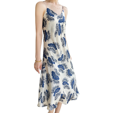 Summer New Acetate Satin Spaghetti Strap Dress for Women, Printed Plus-Size Elegant V-Neck Long Dress, Stylish Versatile Base Dress