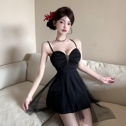 Sexy 9199 Mesh Stitching Sling dress Night Shop Foot Bath Technician Work Clothes Backless Big Swing A- line Skirt