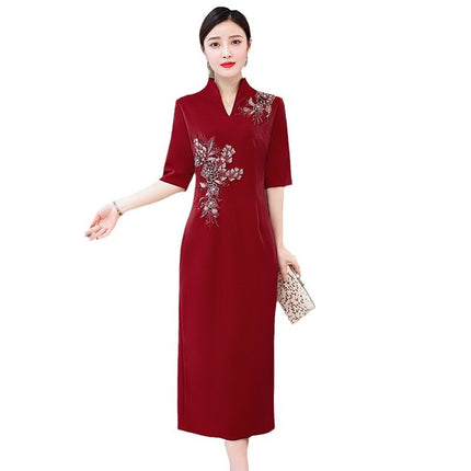 Xi mother-in-law wedding dress wine red dress 2023 autumn new fashion elegant retro slim embroidered dress