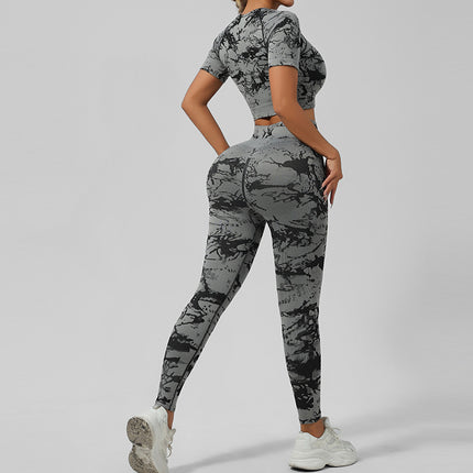 Cross-Border Seamless Tie-Dye Yoga Wear Beautiful Back Sports Bra High Waist Peach Butt Lift Fitness Tights Suit for Women