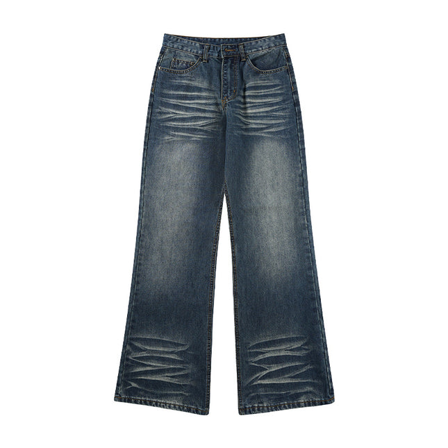 Jiamu American High Street Retro Baggy Jeans Unisex Water Ripple Pleated Jeans for Men and Women Straight Leg Slightly Flared