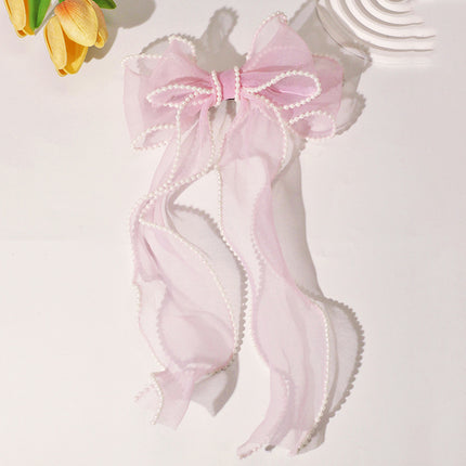 Fashion Mesh Pearl Bow Hairpin Women's Braided Hairpin Pearl Long Ribbon Hairpin Girls' Hair Accessories