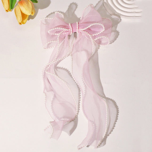 Fashion Mesh Pearl Bow Hairpin Women's Braided Hairpin Pearl Long Ribbon Hairpin Girls' Hair Accessories