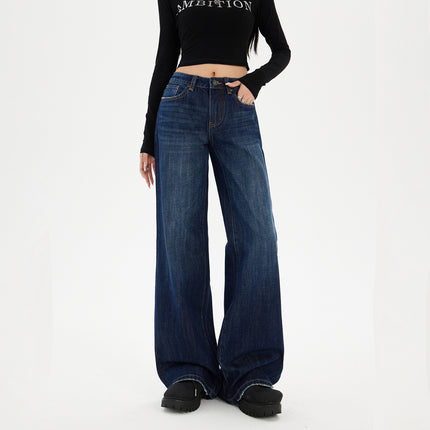 Raccoon Dark Blue Wide-Leg Jeans for Women Autumn and Winter 2025 New Straight-Leg Loose Draped Cat Pattern Tall Pants