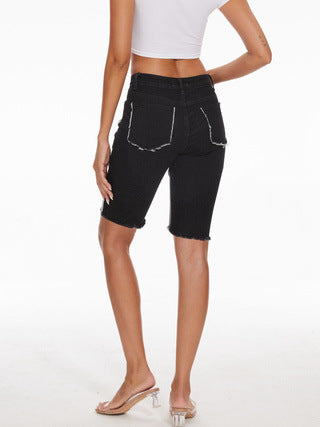 European and American Women's Women's plus size Stitching Denim Shorts Cross-border Hot-selling Mid-waist Slim-fit Hot Jeans