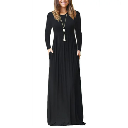 2023 autumn and winter New Amazon cross-border supply round neck long sleeve solid color casual pocket dress mop dress