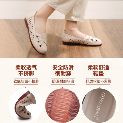 Mom's Shoes, Single Shoes, Leather Shoes for Middle-Aged and Elderly People, Hollowed Out, Soft-Soled, Comfortable, Breathable, Non-Tiring, Summer Non-Slip Sandals for Women