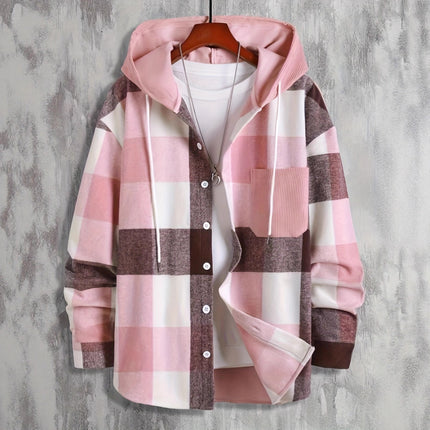 2023 Autumn/Winter Wish Amazon Men's Hooded Shirt Plaid Pocket Long Sleeve Thickened Shirt Cold-Resistant Thickened