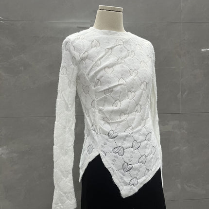 Round Neck Design Brushed Heart Lace Long-Sleeved T-Shirt Women's Bottoming Shirt Slimming Look Asymmetrical Pleated Top