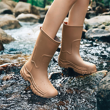 Korean and Japanese Cross-Border Women's Mid-Calf Outdoor Non-Slip Water Shoes, Thick-Soled Water Boots, Fleece-Lined Rubber Shoes, Rain Boots, Waterproof