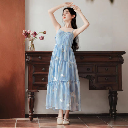 ycfs1638 summer new design sense holiday style blue embroidered skirt sunscreen cardigan two-piece set
