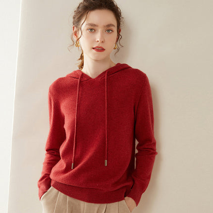 Autumn and Winter Hooded Cashmere Sweater Cashmere Long-Sleeved Pullover Versatile Pure Color Windproof Warm Hooded Cashmere Sweater for Women