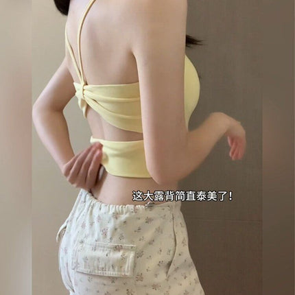 Wearing Yellow Hollow-out Dew Strap Chest Pad Small Camisole Vest Women's Autumn 2025 Seaside Beautiful Back Bra Figure