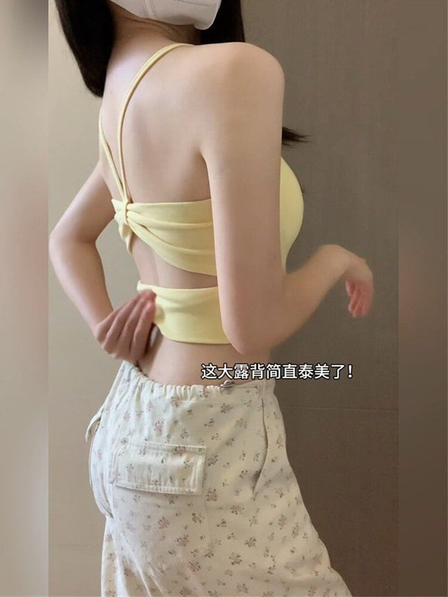 Wearing Yellow Hollow-out Dew Strap Chest Pad Small Camisole Vest Women's Autumn 2025 Seaside Beautiful Back Bra Figure