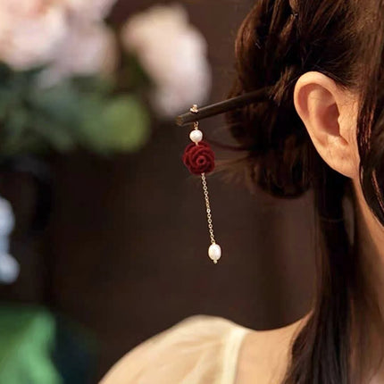 Toast Clothing Side Clip Headwear Tassel Side Clip Red Rose Hairpin Classical Cheongsam Hanfu Daily Accessories