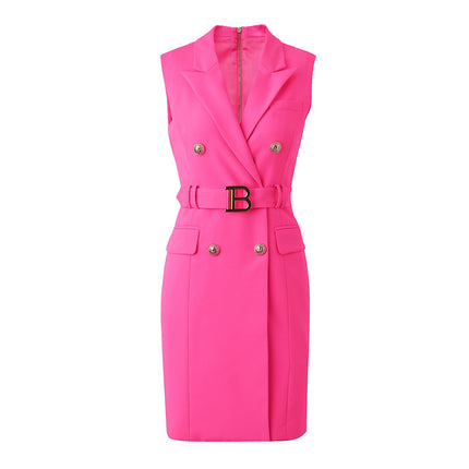 Socialite Elegant Light Luxury Sleeveless Vest Dress Fresh Rose Red Belt Buckle Short Western-style Hip Dress