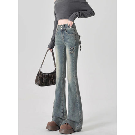 High-Waisted Flared Jeans for Women 2025 Summer Trendy Versatile Bow Design Slim Fit Flared Pants