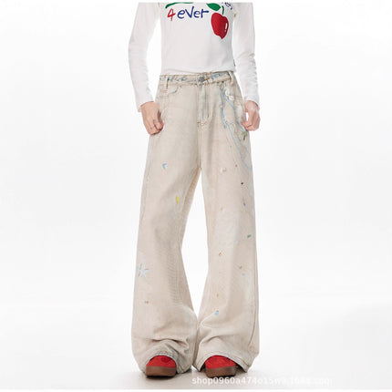 Pearl Lace Cold Transfer Printed Jeans for Women Niche Design Dirty Dyed Wide Leg Pants Sexy Slimming Look Casual Pants