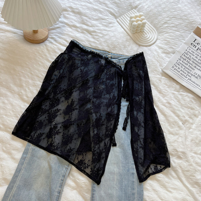 Niche Original Design Korean Lace Gauze Skirt Lace Fart Curtain Apron Women's Stacked Strap Skirt All-match Cover Lace