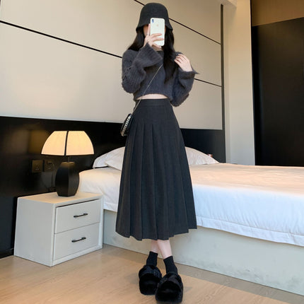 Women's Autumn and Winter New Thickened Woolen Pleated Skirt High Waist Slimming Loose plus size Elasto Mid-length Overskirt