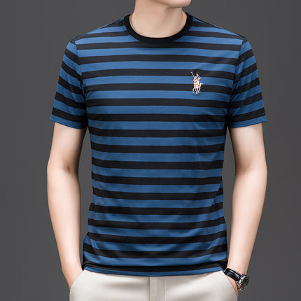 Mingdi Mouse Men's Summer New Short-sleeved Young and Middle-aged Crewneck T-shirt Business All-match Striped Men's T-shirt Top