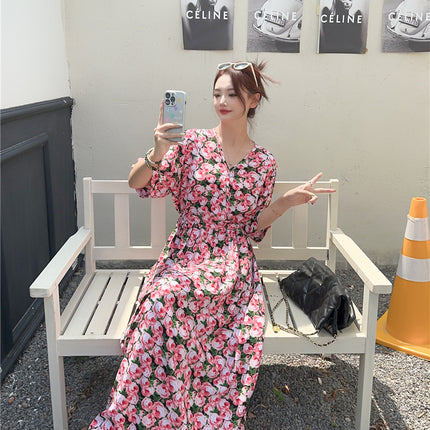 Cotton floral dress 2024 new thin waist pure wind Amazon artificial cotton beach dress fairy dress