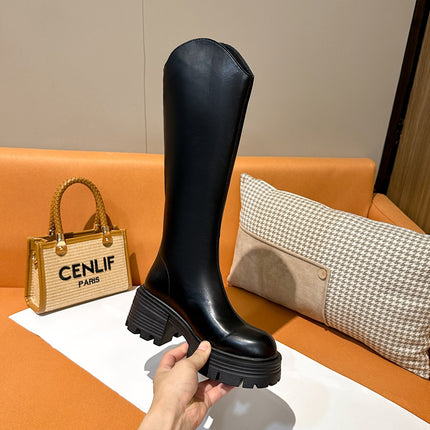 Long Boots 2025 Autumn and Winter New Thick-Soled Height-Increasing Petite V-Cut High Boots with Thick Heel and Knee-High Riding Boots