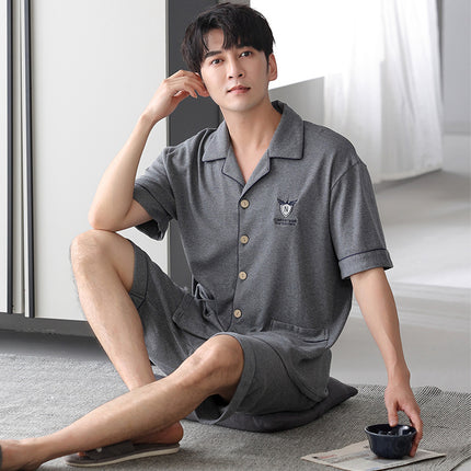 New Cotton Pajamas Men's Summer Short-sleeved Shorts Cardigan Lapel Home Clothes Summer Plus Size Loose Set