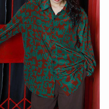 Top women's design sense niche light familiar shirt 2022 spring and autumn vintage printed green long sleeve mermaid Ji shirt fashion